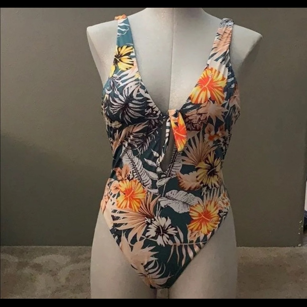 The Bikini Lab Dark Teal Tropical Keyhole One Piece Swimsuit